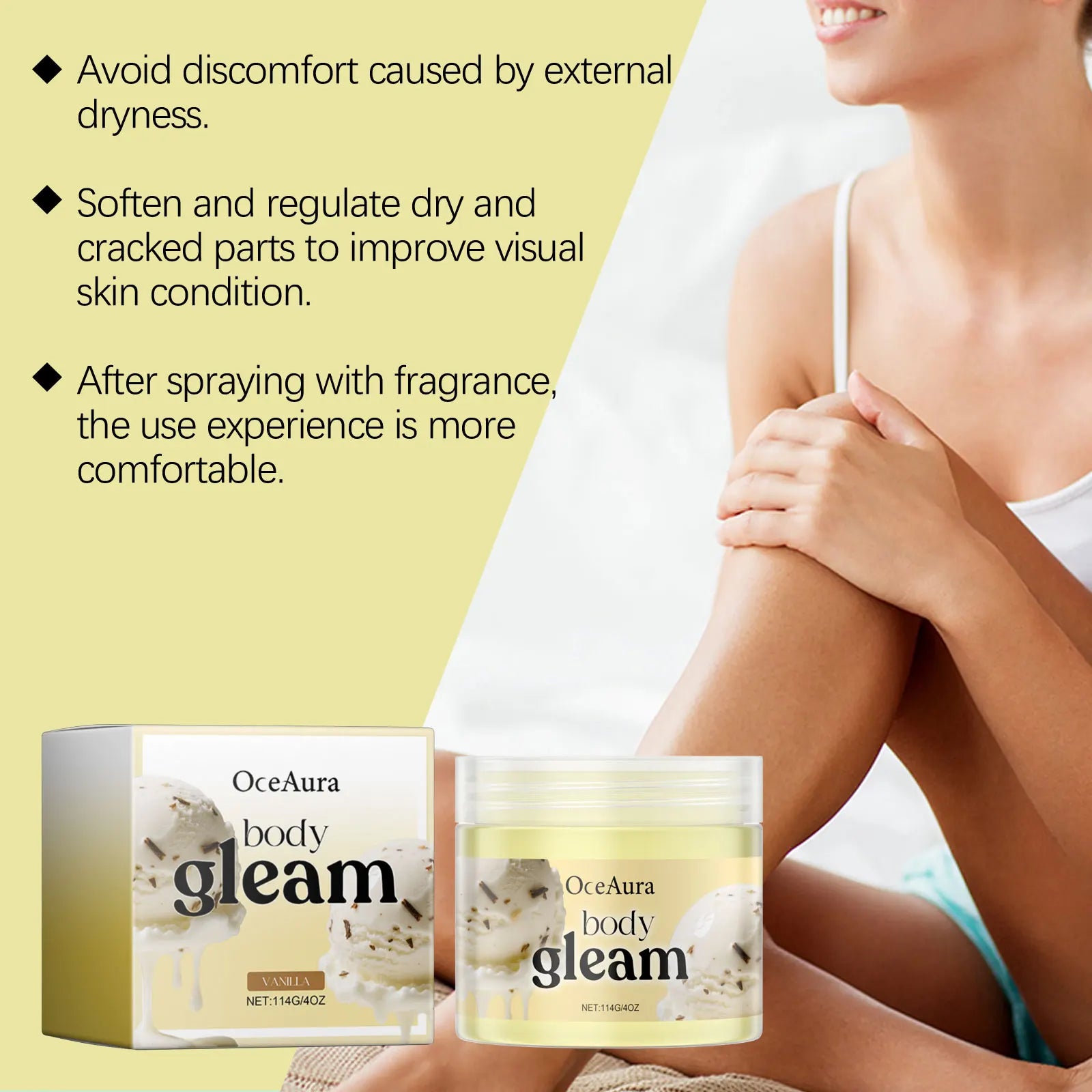 OceAura Body Moisturizing Cream Shea Butter Deep Hydration Soft Smooth Skin Barrier Repair Vanilla Peach Body Lightening Cream