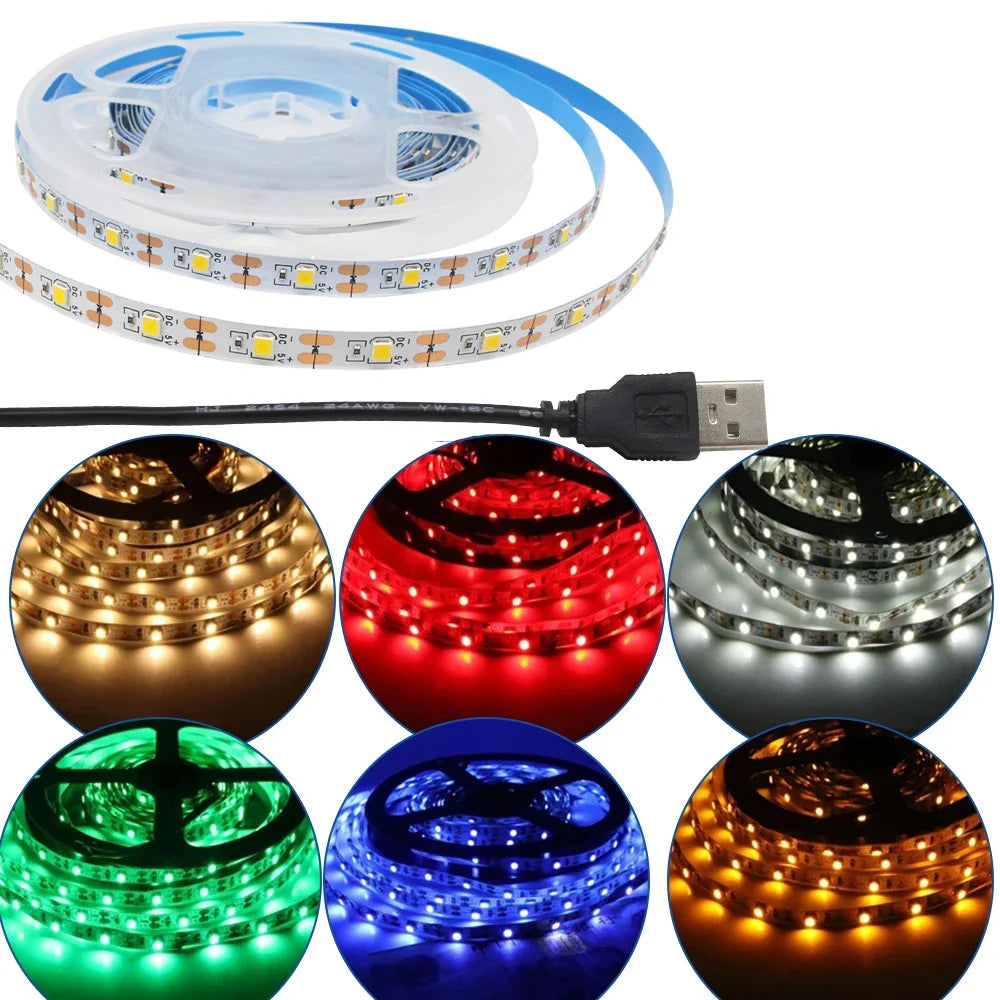 5V Black USB LED Strip Light SMD 2835 Warm White Red Yellow Blue Flexible Lighting Ribbon TV Background Tape Home Decor Lamp