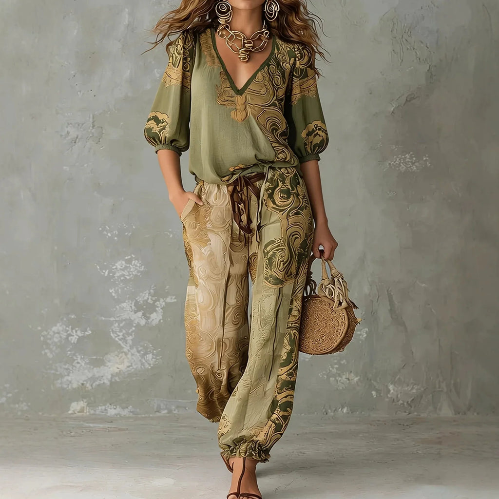 Retro Floral Print V Neck Puff Sleeve Top with Jogger Pants Matching Set for Women Spring Summer