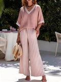 Women's Linen Two Piece Set Fashion V Neck Contrast Half Sleeve Loose Top High Waist Striped Wide Leg Pants Summer Casual Outfit