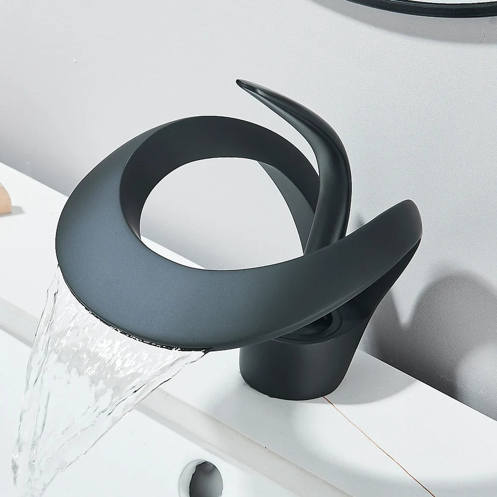 Solid Brass Waterfall Basin Faucet Single Handle Hot Cold Water Mixer Tap For Bathroom Sink
