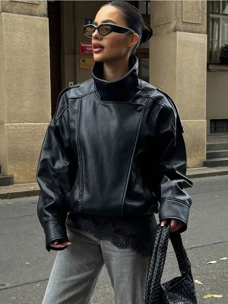 Fake leather Coat Women Y2k Faux Leather Jacket New Casual PU Jacket Motorcycle Style Leather Jacket Pebble Fall Personality