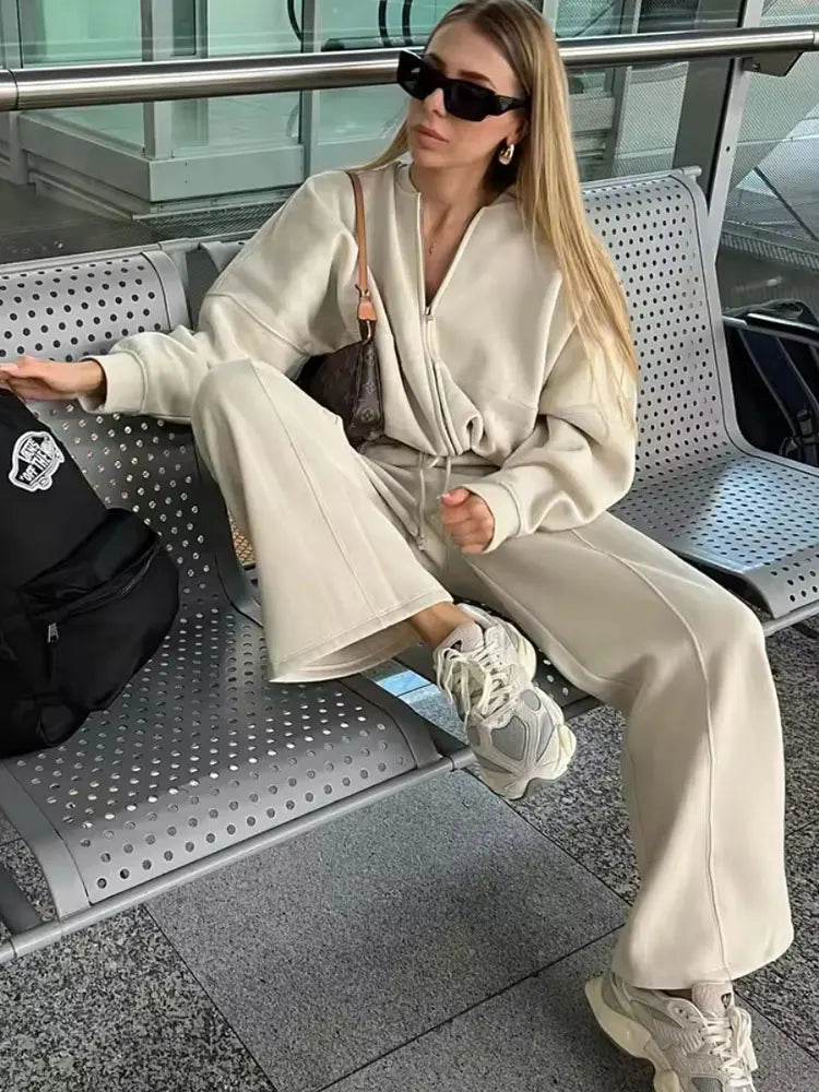 HH Women's Fall 2-Piece Retro Solid Color Zip Bomber Jacket Sweatshirt+High Waist Lace Up Women's Wide Leg Pants Street Wear