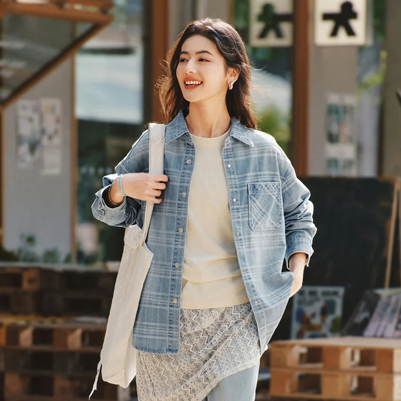 Semir Denim Shirt Women Oversize Spring 2025 New Spring Checkered Blouse Plaid Jacket