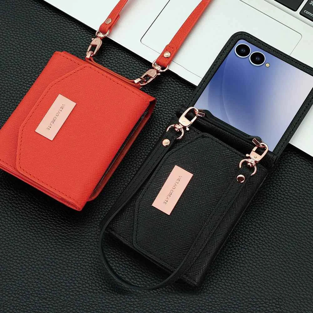 VIETAO Dark Red PU Leather Wallet Phone Case with Wrist Strap for Galaxy Z Flip 7/6/5/4/3 Women's Fashionable Phone Cover Case