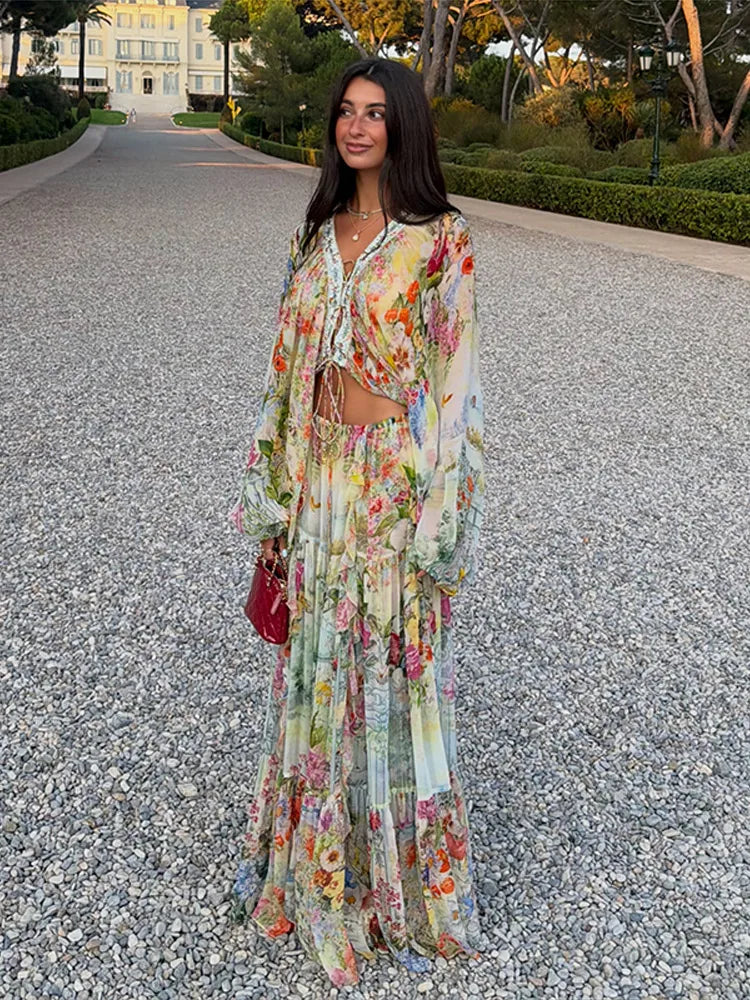 Bohemian Floral Matching Set V Neck Tie Front Crop Top Elastic Waist Tiered Ruffle Maxi Skirt Vacation 2 Piece Outfit 2026 Beach