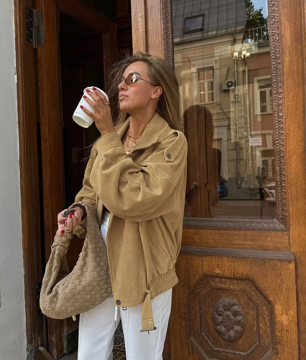 Khaki Lapel Short Suede Jacket Women Casual Stand Collar Full Sleeve Zipper Pocket Loose Jackets 2026 Lady Commute Street Coats