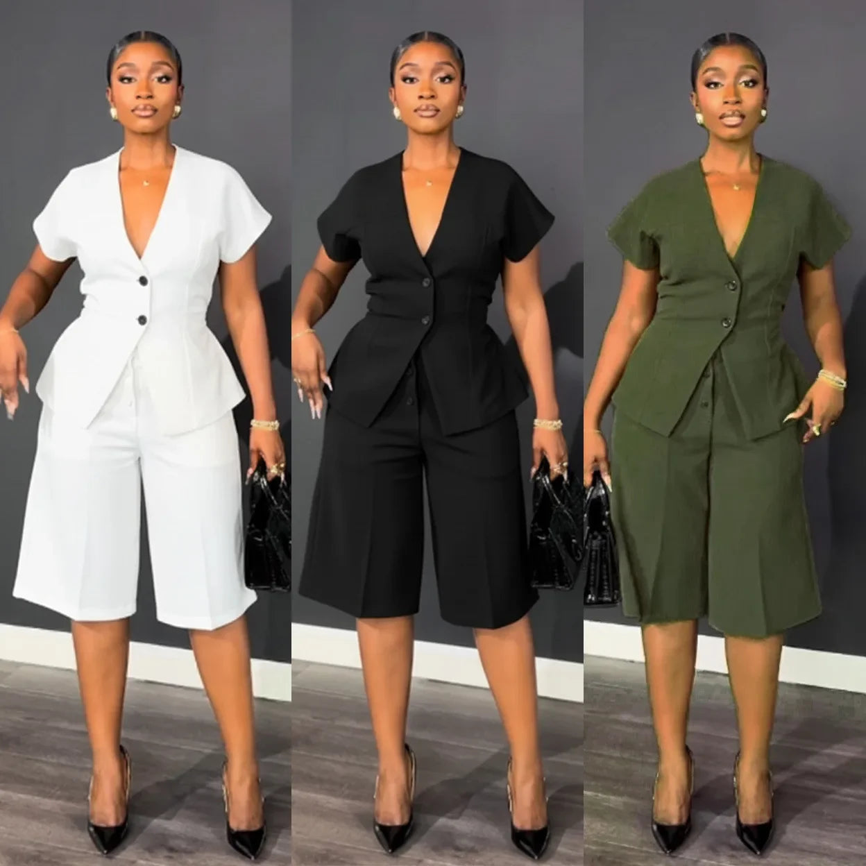 Two Pieces Women Pant Sets Solid Matching Sets Button V Neck Short Sleeves Coat Empire Waist Knee Length Pants Loose 2026 Autumn