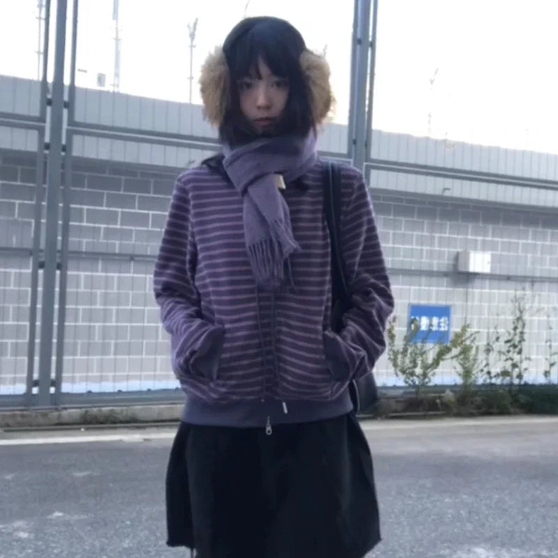 Karrram Japanese Y2k Purple Striped Cardigan 2000s Style Turtleneck Knitted Jacket Vintage Harajuku Zipper Knitwear Korean 90s