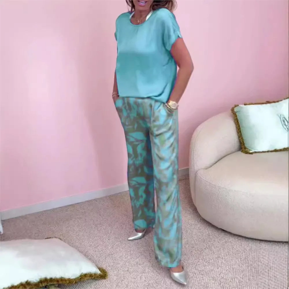 Casual O Neck Short Sleeved T Shirt Shirt Printed Trousers 2 Piece Spring Summer Elegant Women's Fashion Pocket Pants Office Set