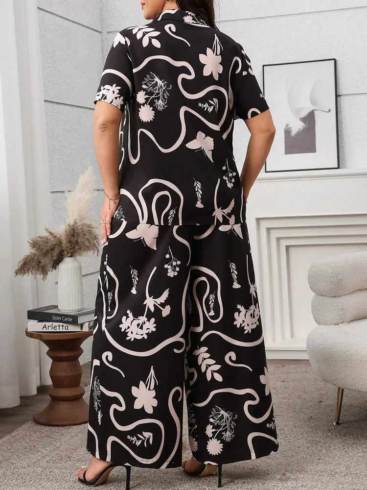 GIBSIE Plus Size Women's Casual Pants Sets Printing Loose Short-sleeved Shirts And Wide-leg Trousers Woman Two Piece Outfits