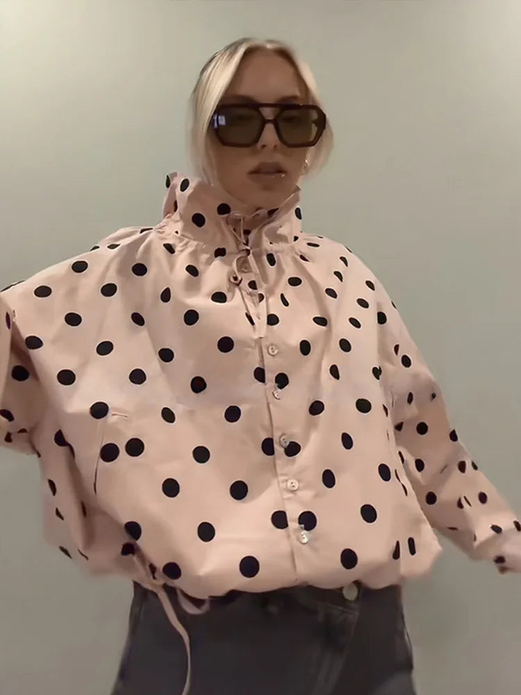 Casual Polka Dot Drawstring Jacket Women Lace Up Stand Collar Full Sleeve Single Breast Jacket 2026 Spring Lady Commute Coat New