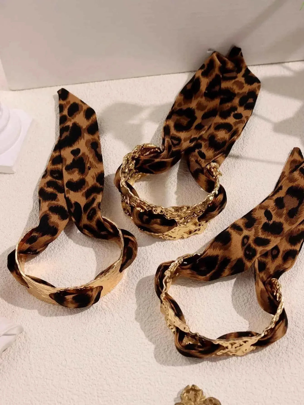 Leopard Print Ribbon-Wrapped Metal Bracelet