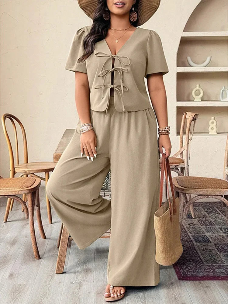 GIBSIE Plus Size Khaki V-neck Short Sleeve Lace Up Top Casual Vacation Wide Leg Pants Women Summer Two Piece Set Female Outfit