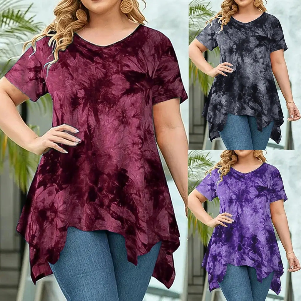 5XL Plus Size Woman Clothing Tie Dye Short Sleeve T-Shirt Casual New V Neck Irregularity Tops Big Size Ladies Loose Tops Long