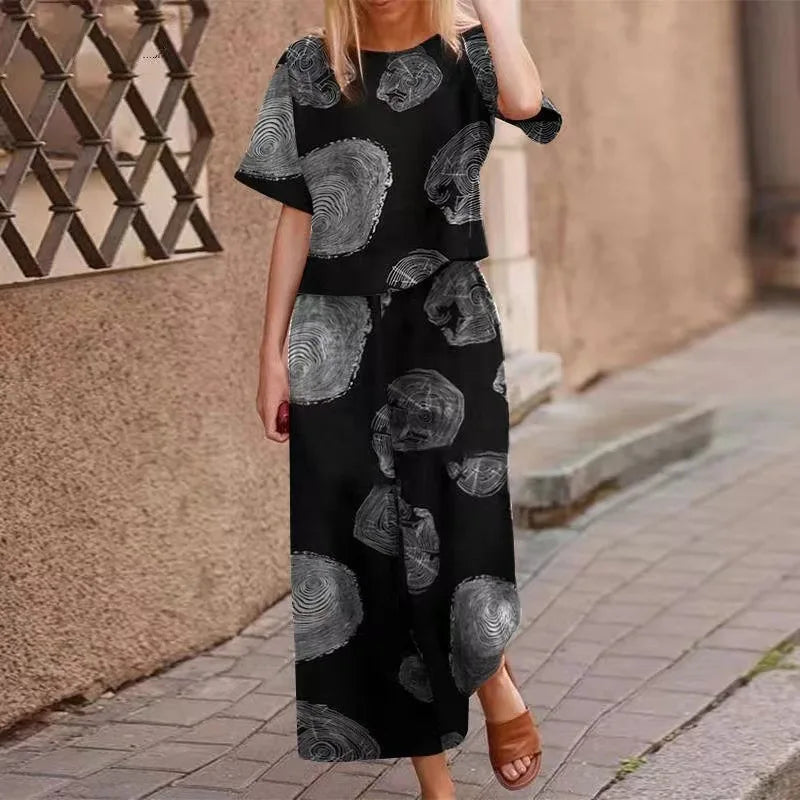 Autumn New Women's Fashion Printed Cotton Linen Plant Flower Three Sleeve Short Sleeved Casual Nine Piece Pants Two-piece Set