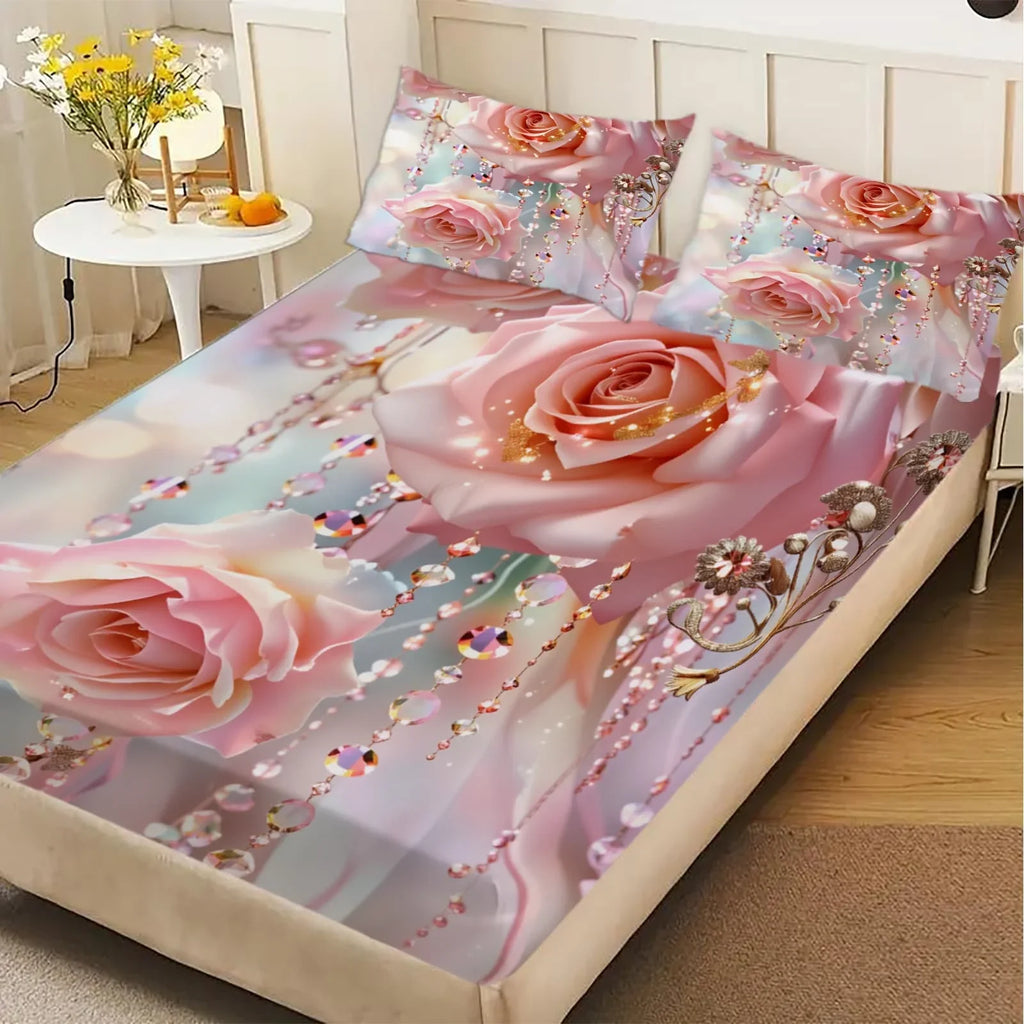 1pc 3D Pink Roses with Crystal Bead Print Fitted Sheet Deep Pocket Elastic Mattress Cover Single Double Queen King Bedroom Decor
