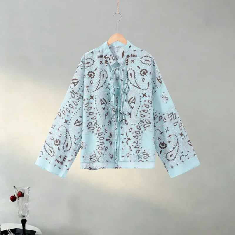 Casual Printed Women's Shirt Trouser Suits Lace Up Long Sleeve Loose Wide Leg Pants Lady Set 2026 Autumn Female 2 Pieces Set New