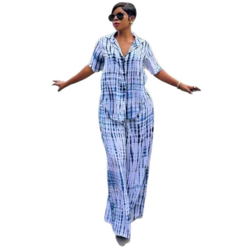New African Fashion Women Two Piece Set Tie Dye Printed Short Sleeve Loose Shirt And Wide Leg Pants Set