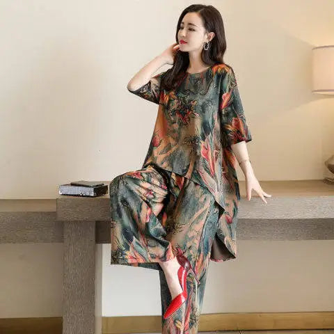 New Women Summer Loose Printed Set Lady Wide-Leg Pants Two-Piece Set Woman Casual Set Ladies Outwear Short-Sleeve Long Pants Set