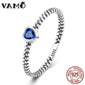 VAMO Original 925 Sterling Silver Woman Ring Vintage Dew Pearl Blue Heart Rings Sparkling Wedding Ring Girls Jewelry Anniversary