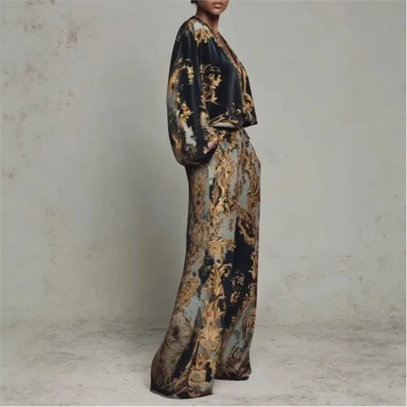 Vintage Printed Two-piece Set Women's Fashion V-neck Loose Long Sleeved Top+Wide Leg Pants Suit Streetwear Muslim Women Clothing