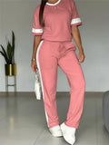 Spring Summer New Casual Sports T-shirt Short-sleeved Suit Women Fashion Splicing Side Stripes Simple Trousers 2 Piece Set 2026