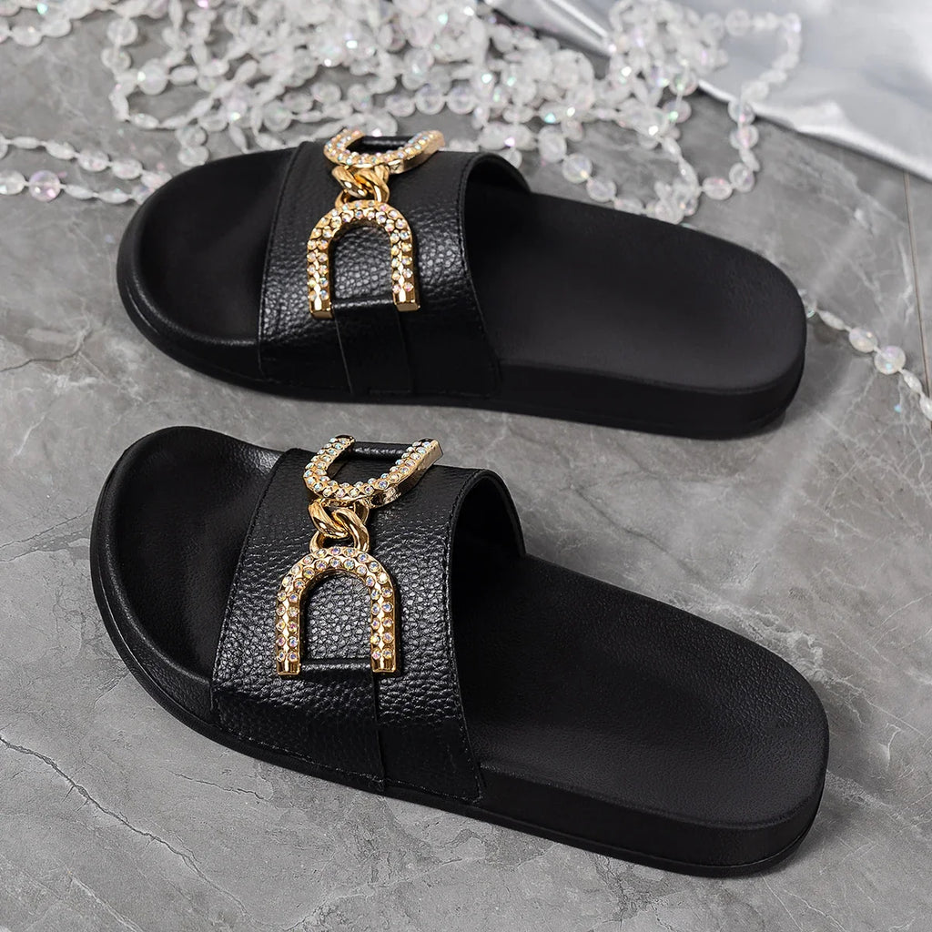 Women's Summer Fashion Gold Decorative Buckle Non Slip Light Comfortable Breathable Round Head Indoor and Outdoor Slippers