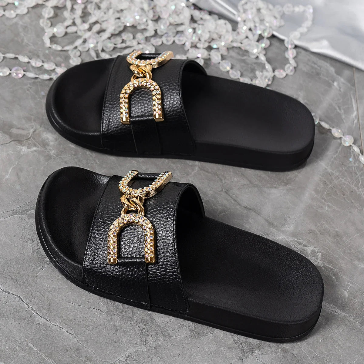 Women's Summer Fashion Gold Decorative Buckle Non Slip Light Comfortable Breathable Round Head Indoor and Outdoor Slippers