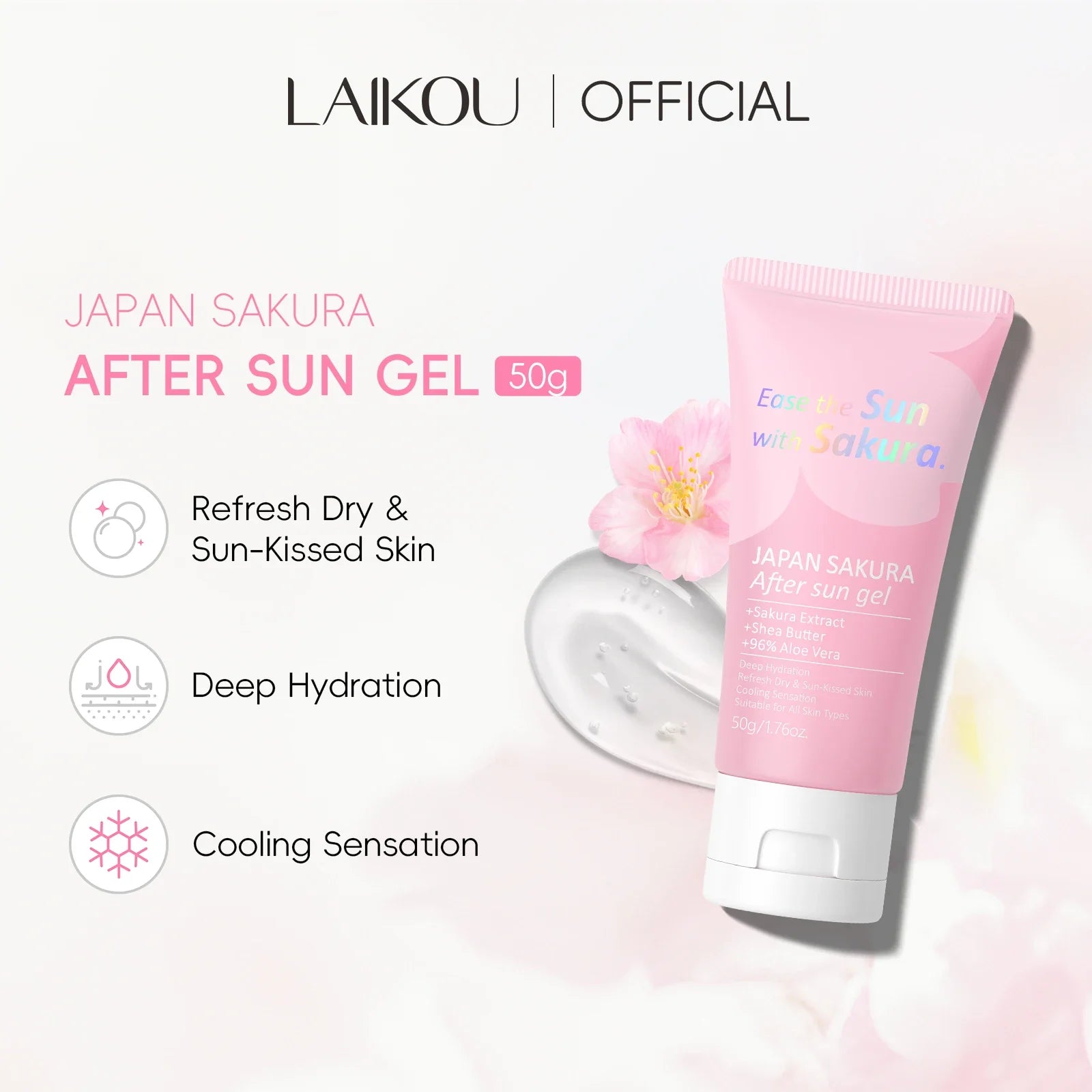 LAIKOU Japan Sakura After Sun Gel 50g 96% Aloe Vera Soothing Sunburn Care Deep Moisturizing