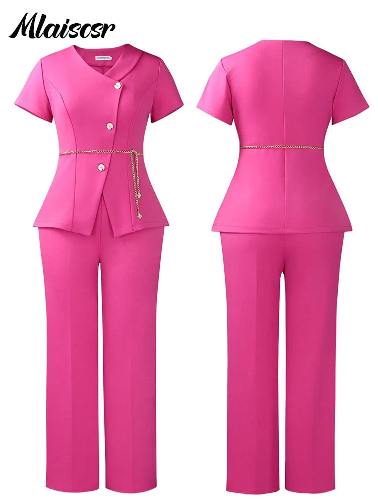 Mlaiscsr Short Sleeve V-Neck Jacket Coat and Straight-leg Pants 2 Pieces Set for Woman Elegant Office Blazer Suits Female Outfit