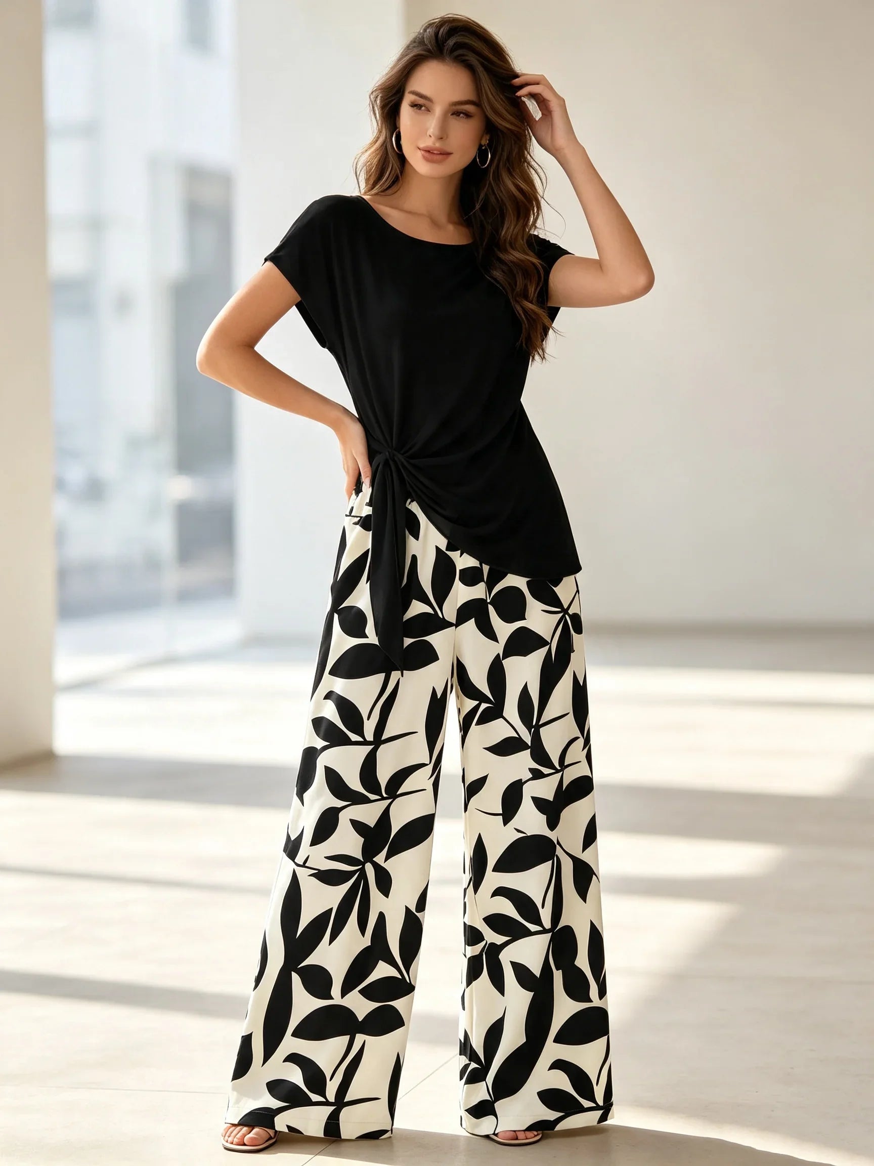 Women's plus Size Two-Piece Set Lazy Style Black Side Twisted T-Shirt And Black White Leaf Print Wide Leg Pants Casual Outfit