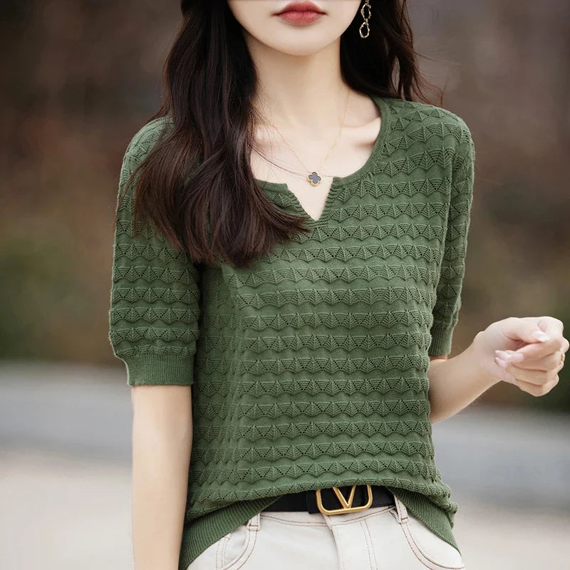 Women's T-shirt Summer New 100% Pure Cotton Tees Casual Solid Knitted Short sleeved V-neck Pullover Loose Tops Fashion Sweater