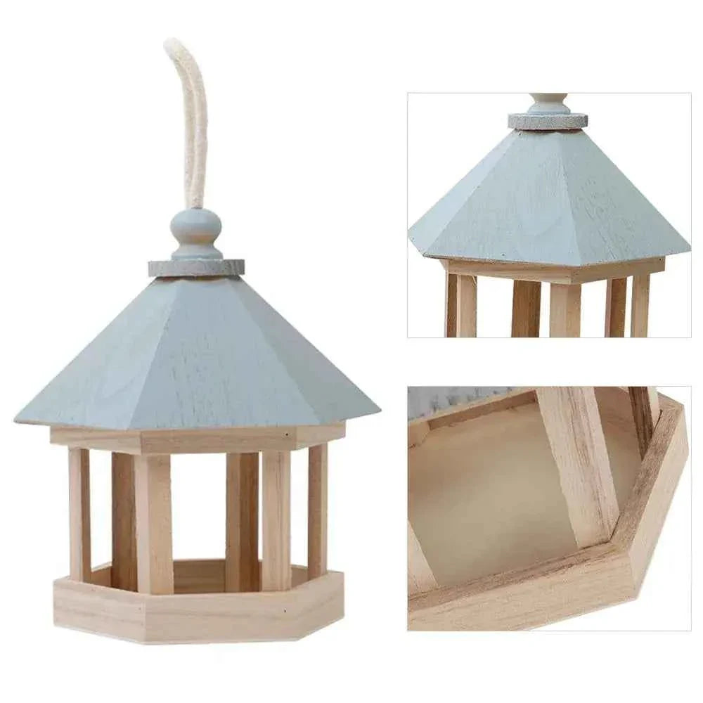 Wooden House Bird Feeder Outdoor Wooden Birds House Hanging Feeding Station Hollow Bird Feeder Food Container for Garden Park