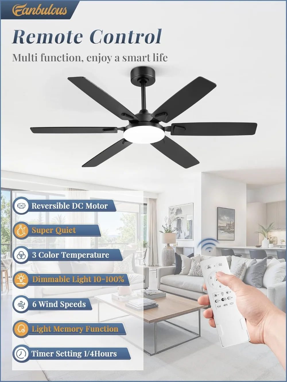 Ceiling Fan With Lights, Quiet DC Motor, Reversible Blades