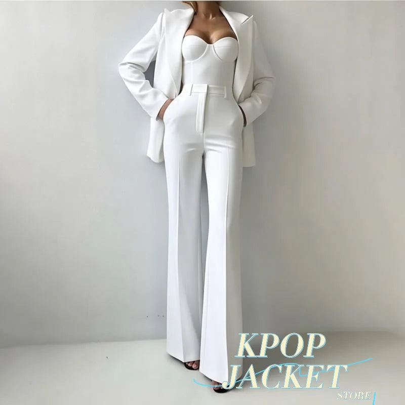 Solid Suit Jacket Corset Pants 3 Piece Set Women Corset Lapel Coat Straight Pants Lady Set 2026 Summer Autumn Commute Outfit New