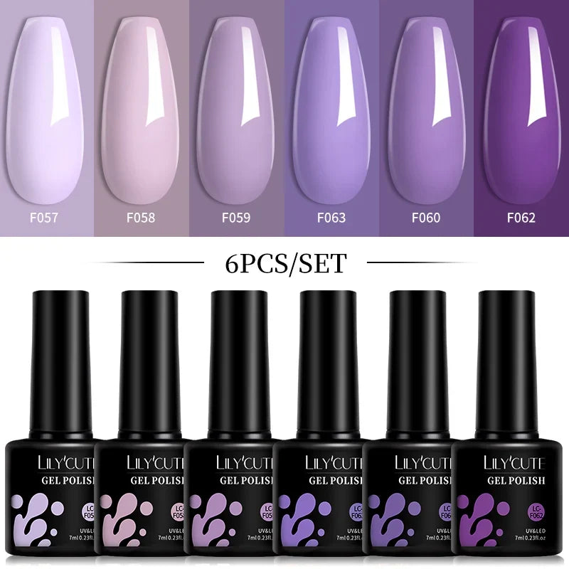 LILYCUTE 6Pcs 7ML Gel DIY Nails Polish Set Bright Pink Nail Charms Soak Off UV LED Gel Varnish Nail Art Design Accessories