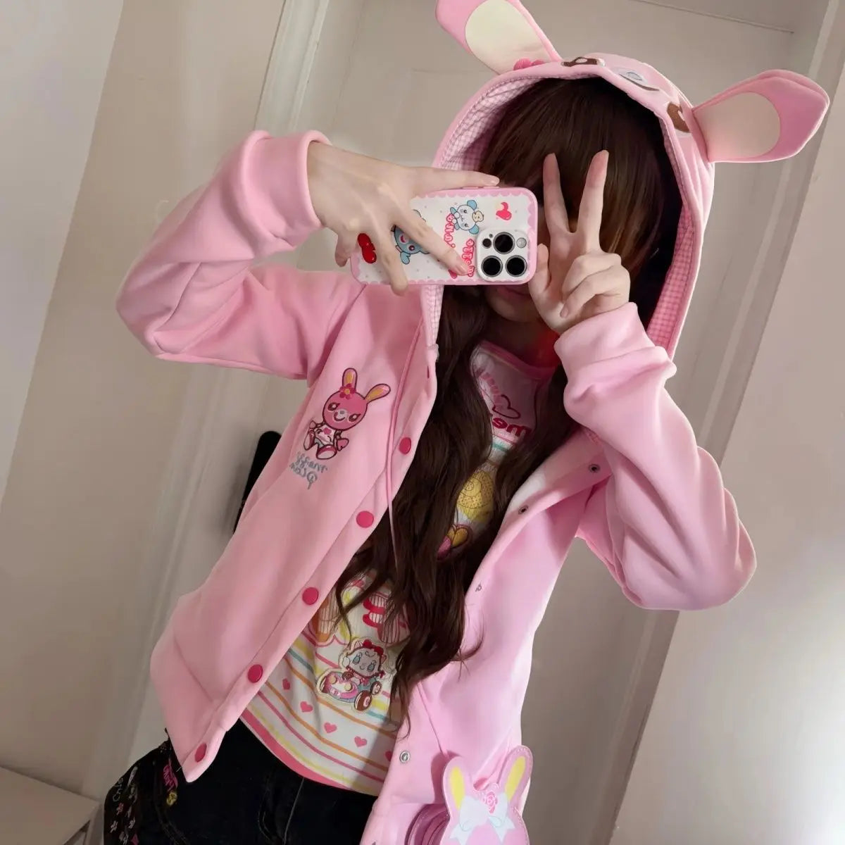 Harajuku Sweet Long Sleeve Hoodie Women Casual Cartoon Print Japan Style Kawaii Hooded Sweatershirt Bodycone All Season