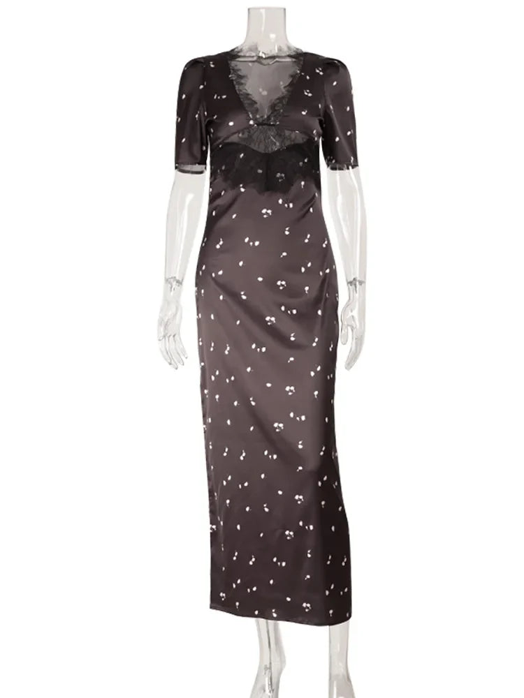 Lace Patchwork Printed Maxi Dresses For Women Fashion Sexy Streetwear Short Sleeves Slim Hollow Out Long Vestidos Robes Female