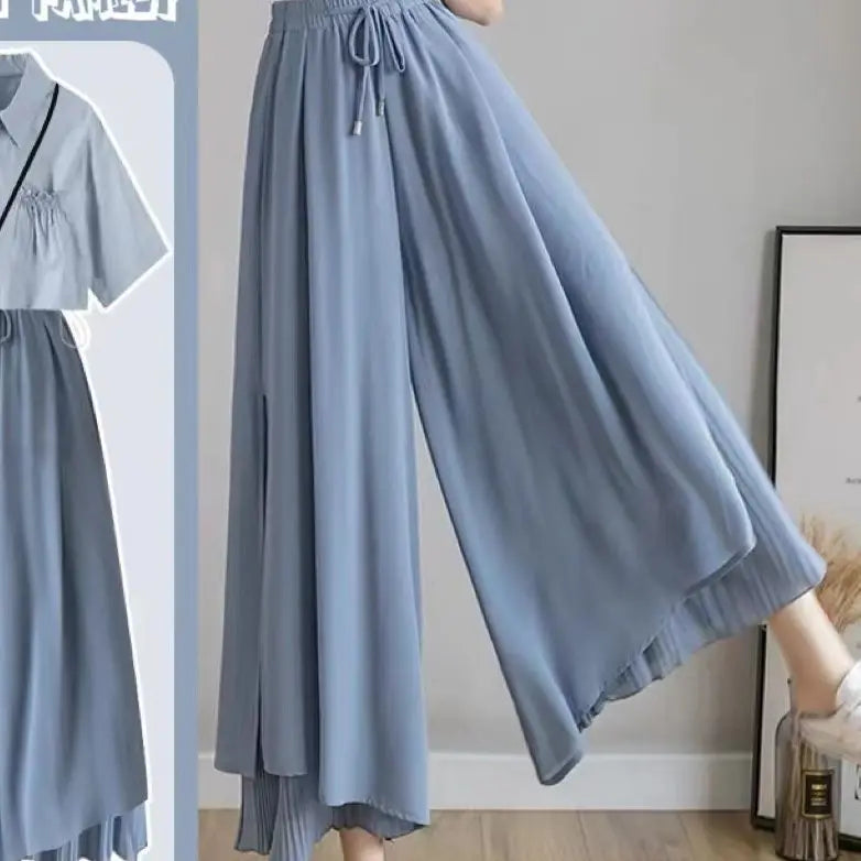 Summer Pantskirt Set for Female Korean Style Loose Short Sleeve Shirt+Casual Wide Leg Pants Fashion Two Piece Sets Women Outfits