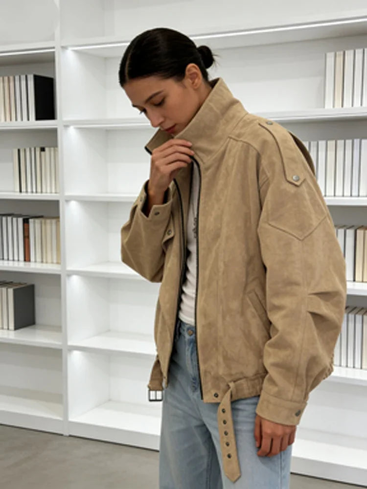 Khaki Lapel Short Suede Jacket Women Casual Stand Collar Full Sleeve Zipper Pocket Loose Jackets 2026 Lady Commute Street Coats
