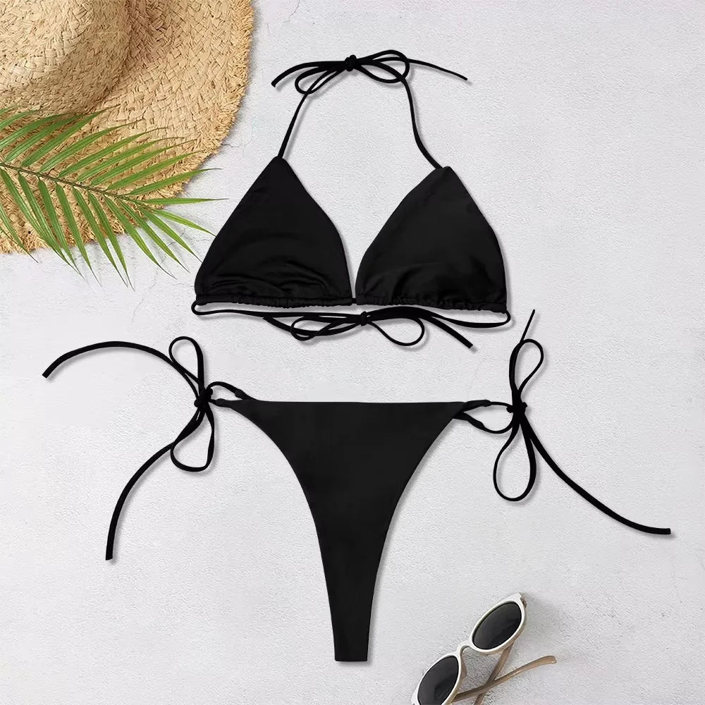 2025 New Women's Solid-color Separate Beach Wear Sexy Halter Three-point Bikini Backless Adjustable Lace-up Swimsuit