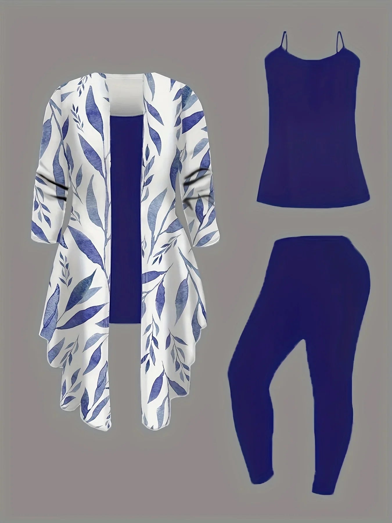 Plus-size women's 3-piece set: color-blocked printed cardigan jacket paired with trousers and vest for a casual everyday look.