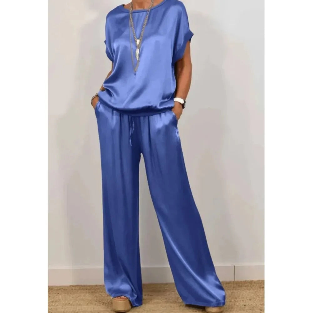 2-piece Set Fashion Satin O Neck T-shirt Top Trousers Summer Retro Elegant Casual Loose Wide-leg Pants Female Home Clothing Suit