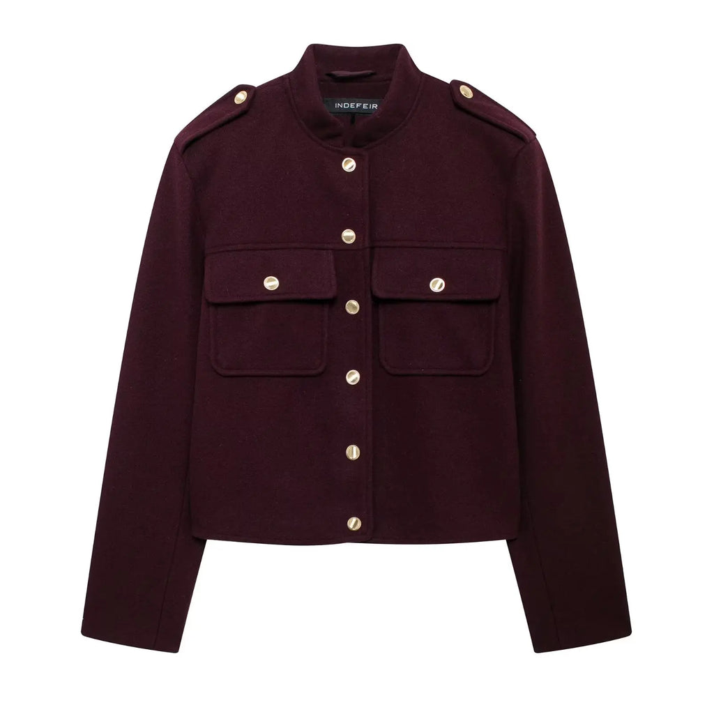 HH 2024 Fashion Women Soft Tweed Bomber Jacket O-Neck Long Sleeve Pockets Buttons Loose Woolen Coat Female Streetwear