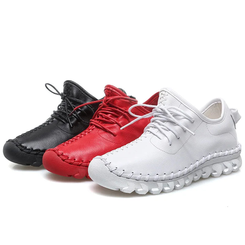 Handmade Genuine Leather Women Shoes Fashion Casual Sneakers Retro Flats Ladies Lacing Loafers Breathable Vulcanized Shoes