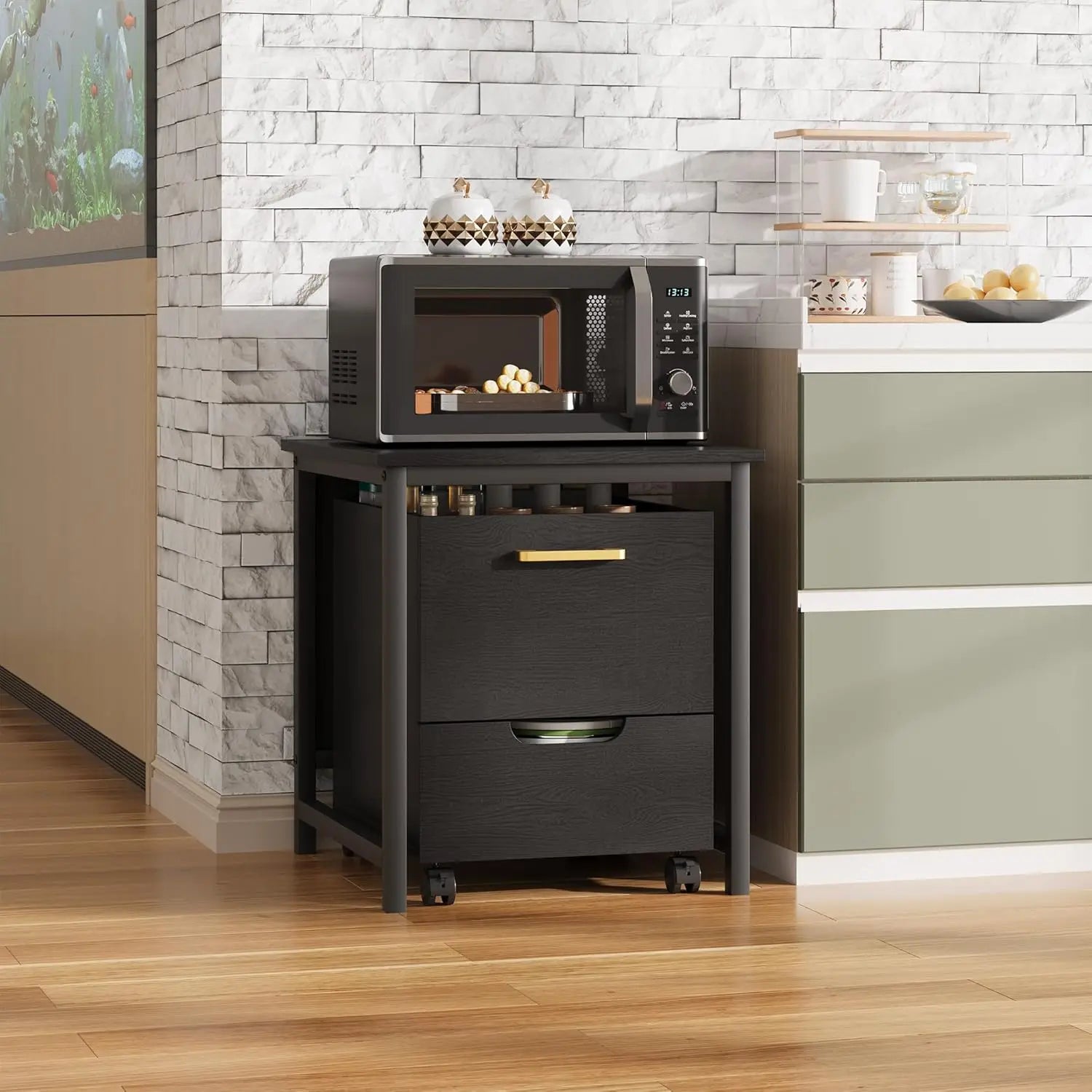 Mini Fridge Stand Freestanding Cabinet With Lockable Wheels
