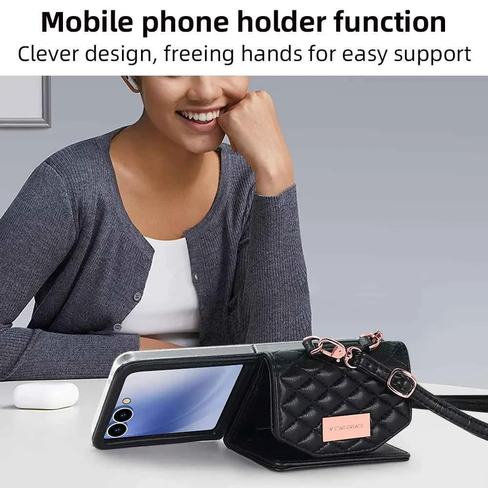 VIETAO Luxury Soft PU Leather Wallet Phone Case for Galaxy Z Flip 7/6/5/4/3 with Crossbody Strap - Durable Protective Cover