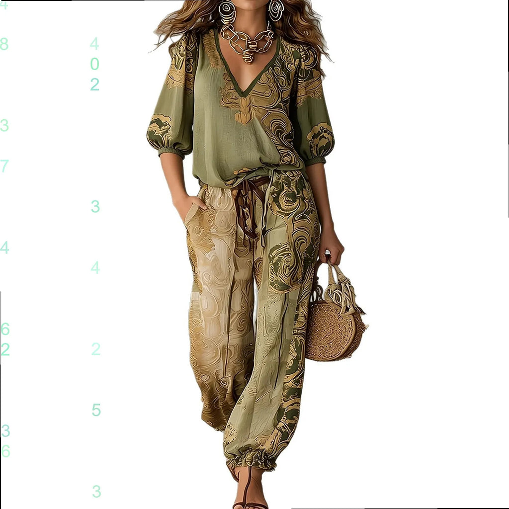 Retro Floral Print V Neck Puff Sleeve Top with Jogger Pants Matching Set for Women Spring Summer
