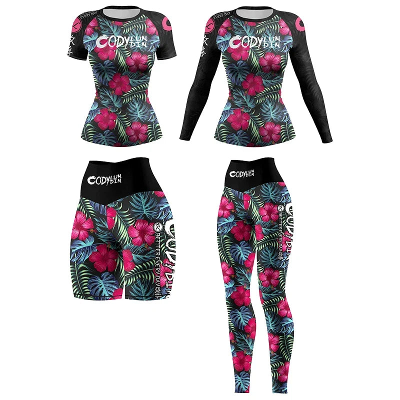 Flower Print Women Rash Guard Gym Clothes MMA Compression Yoga Wear Jiu Jitsu Rashguard T-shirt+Pants Boxing Grappling 4pcs/Sets